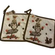 New set of 2 quilted owl graphic pot holders, decor, Pumpkin patch, retro