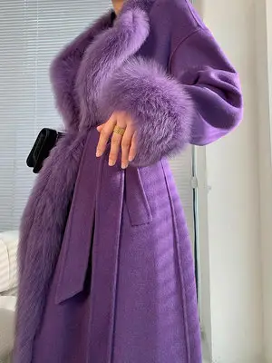 WANGXO紫色雙面羊毛大衣拼接狐貍毛領女冬季新款系帶收腰毛呢外套