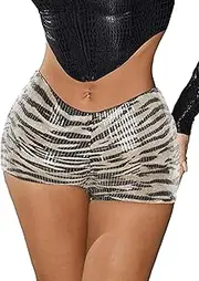 [Kiluex] Womens Low Rise Sequin Mini Shorts Trendy Zebra Leopard Skinny Micro Hot Shorts for Club Rave Party