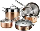 Lagostina Martellata Tri-Ply Hammered Copper 11 PC Pots and Pans Cookware Set, C