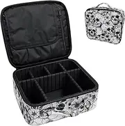 9CH Goth Makeup Bag Organizers, Skull Large Travel Makeup Train Case with Adjustable Dividers for Women, Skull Floral, Portable Goth Makeup Bag