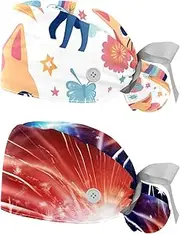 [YTYVAGT] 2-Pc,Nurse Scrub Caps,Scrub Hats with Buttons and Cotton Sweatband,Unicorn and Girl Rainbow