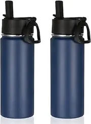 [Volhoply] 18oz Insulated Water Bottle 2 Pack, Kids Stainless Steel Bottles with Straw Lid, Double Wall Vacuum Metal Thermos, Wide Mouth Reusable Sports Flask For Cold Drink (Navy, 2 Set)