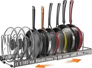 Puricon Pot Lid Organizer Pan Holder Rack with 10 Dividers and 4 Hooks, Expandable Cookware Rack for Kitchen Cabinet Cupboard Pantry, Skillet Frying Pan Pot Lid Storage -Bronze
