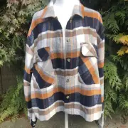 NWT Brixton Large Flannel Shirt Jacket Orange/Blue Plaid Button Up Long Sleeve
