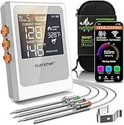 Nutrichef Wireless Meat Thermometer with 2 Stainless Steel Probes, Bluetooth and WiFi Smartphone App for Monitoring Food Temp and Remote Alerts, Digital Display, for Grilling and BBQ Smoking