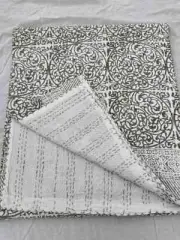 Indian Kantha Hand Block Print Handmade Beautiful Bedspread Blanket King Size