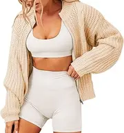 [KBQLXPKJW] Women Crewneck Zipper Sweaters, Casual Long Sleeve Full Zip Up Hooded Sweater Coat with Pockets, Winter Hoodies Pullover Sherpa Fleece Warm Heavyweight Sweatshirt Apricot/179