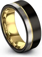 [Midnight Rose Collection] Tungsten Wedding Band Ring 9mm for Men Women Black & 18K Yellow Gold Plated Offset Line Flat Half Brushed Polished