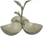 (D) Silver Metal Candy Dish 3 Section Nut Bowl Home Decorations 8 x 10" 'Leaves'