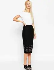 ❤️NEW❤️ ASOS 14 black wool pencil long lined silver eyelet hem dress skirt