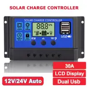 30A Solar Panel Battery Charge Controller 12V/24V LCD Regulator Dual USB Port