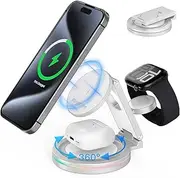 3 in 1 Wireless Charger Station for iPhone & Apple Watch & AirPods, 360 Rotating 10W Fast Charging Station Compatible with iPhone 12-16 Series Zinc Alloy Foldable Charger Stand with Magnetic