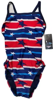 SPEEDO Women Size 6/32 RAD WHITE & BLUE USA Prolt Flyback One Piece Swimsuit NEW