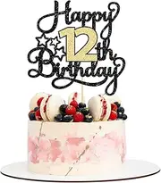 1Pc 12th Happy Birthday Cake Topper Glitter Cheers to 12 Years Cake Pick Happy Birthday Cake Decoration for 12th Anniversary Party Decoration Supplies Black Gold