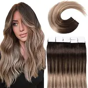 VINBAO Invisible Tape-In Real Hair Extensions, Dark Brown to Chestnut Brown and Dirty Blonde Highlights, 20 Pieces, 40 cm, 50 g, Tape in 16 Inches, #2/6/18