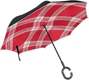 Double Layer Inverted Umbrella Cars Reverse Umbrella Red Gingham Checkered Plaid Windproof UV Proof Travel Outdoor Umbrella