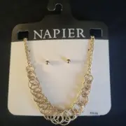 Vtg Napier Silver Tone Double Row Linked Loop Necklace and Earrings New on Card