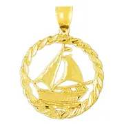 14K Gold Sailboat In Rope Frame Ship Wheel Pendant
