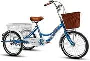 Three Wheel Bike, Single Speed 20Inch Adult Tricycle Trike with Shopping Basket Cruise Bicycle for Seniors Women & Men Cycling Pedalling