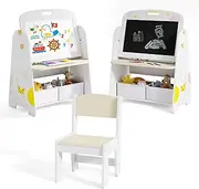 INFANS Easel for Kids with Chair, 4 in 1 Double-Sided Adjustable Magnetic Chalkboard & Whiteboard with Bookshelves, Storage Bins, Wooden Standing Painting Drawing Art Board for Boys Girls