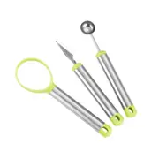 Supperstore 3PCS Kitchen Stainless Steel Fruit Carving Tool Watermelon Pitting Device Ball Digger Carving Knife Set-Green
