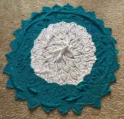 Round White Turquoise HANDMADE CROCHET TABLE CLOTH - Throw Lap Blanket 39"