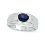 Men's Sideways Oval Blue Lab-Created Sapphire and Diamond Accent Bevelled Edge Ring in Sterling Silver