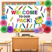 Back to School Bulletin Board Set Colorful Crayon Cutouts Name Tags Label Paper Flower Fan Classroom Decorations First Day of School Bulletin Board for Teacher Supplies Chalkboard Wall Classroom Decor