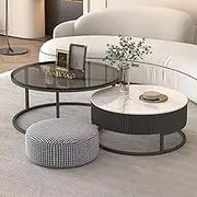 Nesting Coffee Table Set of 2, Modern Round Coffee Tables, Wood Circle Embossed Design Coffee Table for Living Room, Balcony, Office with Metal Frame, Easy Assembly(Svart,Large)