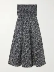 [Veronica Beard] Veronica Beard - Cornelia Strapless Smocked Floral-print Cotton Midi Dress - Navy - large large Blue