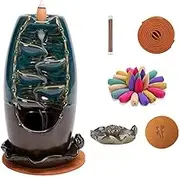 Ceramic Backflow Incense Holder Incense Burner Smoke Waterfall for Aromatherapy Ornament Home Decor with 150 Backflow Incense Cones, 30 Incense Stick, 20 Coil Incense,1 Mat,1Mini Holder,Blue Gift Set