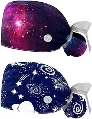[WOSHJIUK] Working Hat 2 Pack Scrub Caps for Women,Space Blue Purple Galaxy,Tie Back Cap Adjustable Scrub Hat