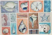 KITCHEN FOAM CUSHIONED PRINTED FLOOR MAT (18" x 27") SEALIFE,SEA SHELLS, Emerald