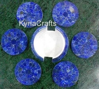 Marble Tea Coaster Set Lapis Lazuli Stone Overlay Work Decorative Coaster 4.5"