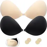[Hocent] 2 Pair Stick On Push Up Bra for Women - Breathable & Reusable Sticky Invisible Adhesive Bra, Strapless & Backless Bra for Everyday Wearing with 2 Pack Nipple Covers