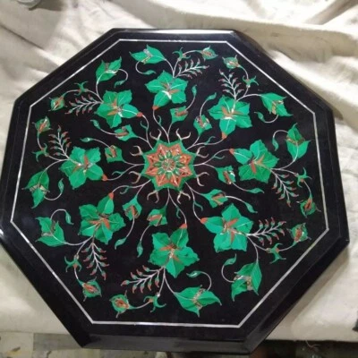 Black Marble Coffee Table, Malachite Inlay Floral Art, Center Sofa Table Decor