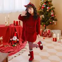 在飛比找蝦皮購物優惠-兒童聖誕節衣服 女童寶寶新年紅色加厚毛衣連身裙 耶誕節服裝 