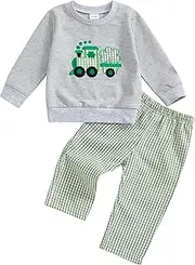 [Ayalinggo] St Patricks Day Baby Girl Boy Outfit Green Shamrock Long Sleeve Shirt Top Plaid Pants Set Saint Patrick's Clothes