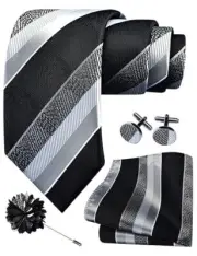 3.15"（8cm） Mens Stripe Tie and Lapel Pin Necktie Black / Silver / Grey