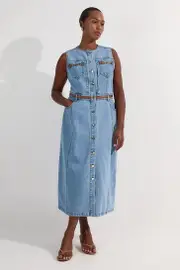 Plus Size Denim & Faux Leather Tipping Sleeveless Midi Dress