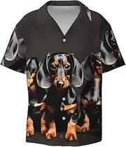 [HVTTIOR] Three Dachshunds Print Short Sleeve Shirt Cuban Collar Beach Casual Style Summer Vacation Relaxed Fit