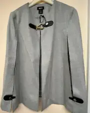 DKNY Women's Suit Gray Herringbone (Lined) Cape Size L w/Leather &Lg Metal Clasp