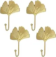 MOROBOR Decorative Leaves Iron Hooks,4pcs Ginkgo Leaf Shape Wall Mounted Hooks Modern Key Holder Wall Mounted Gold Single Prong Hat Hanger Home Office Nursery Room Decoration