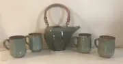 Vintage Glazed Stoneware Teapot 4 Cups Set Bamboo Handle Signed. Hoagland.