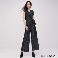 在飛比找momo購物網優惠-【MOMA】都會女伶V領條紋連身褲(黑色)