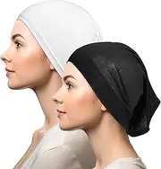 [Vin Beauty] Hijab Scarves for Women 2 Pack Classic Hijab Cap Islamic Muslim Hat with Tie Solid Color Chemo Hat Sleep Cap Black White 55-60, Black / White, 55-60