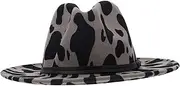 [WESIEVYA] Dinner Party Star: Cow Pattern Woolen Hat Big Brim Adjustable Fashion Flat-Edge Grey