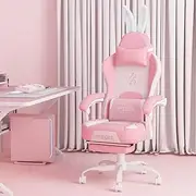 PZDO Pink Gaming Chair Computer Chair with Footrest, Kawaii Gaming Chairs for Adults Girls Women Kids, High Back Reclining Chair with Bunny Ear & Lumbar Support(Pink-White)