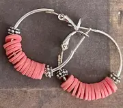 Silver and Bright Coral Geisha Bead Hoop Earrings. Light Weight, Fun to Wear